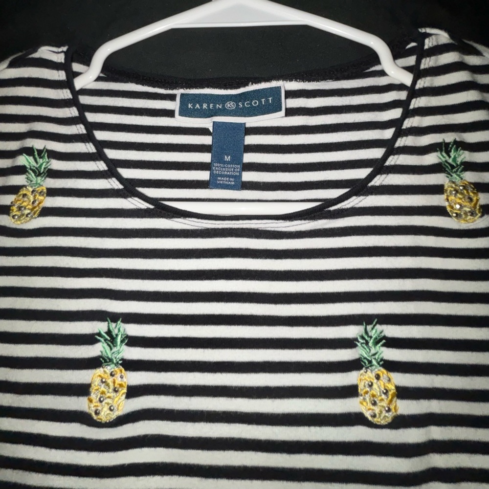 Karen Scott Black & White Striped Short Sleeve Tee with Pineapple Embroidery